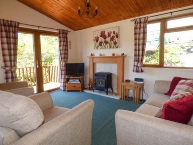 A living room with beige sofas a wood stove a television and plaid curtains at North Lodge in Kendal