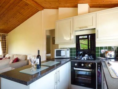 A kitchen with a stove microwave toaster and wine bottle with glasses on the counter at North Lodge in Kendal
