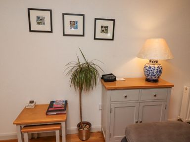 A corner with a wooden end table with books a small potted plant a cabinet with a lamp and three framed pictures on the wall at 6 Mill Wharf in Berwick-upon-Tweed