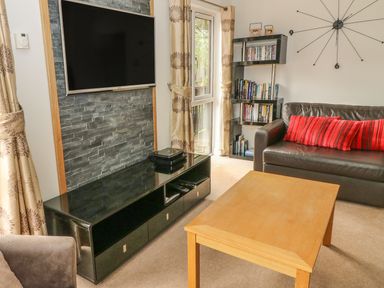 A living room with a wall mounted television glass cabinet wooden coffee table leather sofa with red cushions and a bookshelf at Coniston Number 9 in White Cross Bay