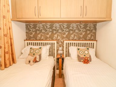 A bedroom with two single beds and owl cushions at Coniston Number 9 in White Cross Bay