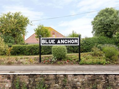 A sign reading blue anchor in front of bushes and trees at Tus Nua Cottage in Carhampton