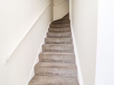 A carpeted staircase with white walls and a handrail at 8 Pottergate Mews in Helmsley