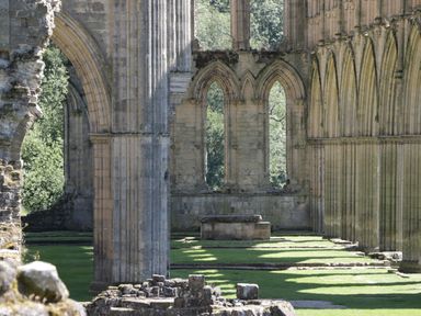 Stone columns and arches of an old ruin with grass and trees in the background at 8 Pottergate Mews in Helmsley