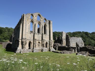Ancient stone ruins with tall arched windows surrounded by grassy fields and trees at 8 Pottergate Mews in Helmsley