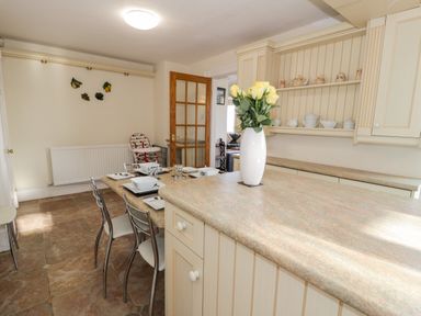 A kitchen with a countertop vase of flowers dining table with plates and chairs in 11 Glyn Garth Mews Llandegfan near Beaumaris