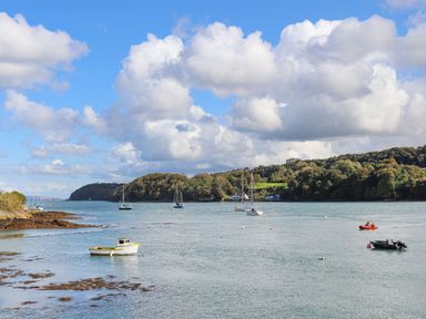 A body of water with boats and a tree-covered hillside at 11 Glyn Garth Mews in Llandegfan near Beaumaris