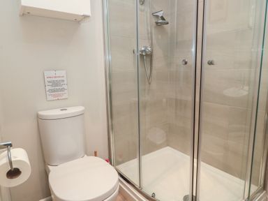 A bathroom with a shower and toilet at The Cider Press, Motcombe