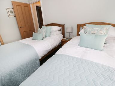 A bedroom with two single beds with light blue quilted bedspreads and decorative pillows a wooden nightstand with a lamp between the beds at Llwyn Onn in Dolwyddelan