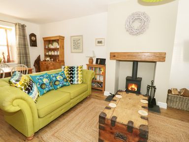 A living room with a green sofa and wooden chest coffee table near a wood burning stove at Llwyn Onn in Dolwyddelan