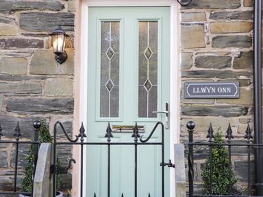 A green front door with decorative glass panels and a metal handle set in a stone wall with a light above and a black metal fence in front at Llwyn Onn Dolwyddelan