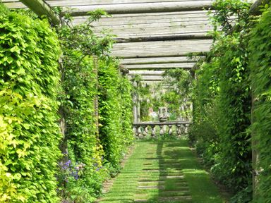 A garden walkway with green climbing plants on wooden trellises and a stone balustrade with a statue at The Packing House in Hanley Castle near Malvern