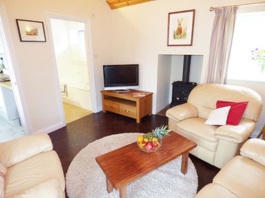 A living room with beige sofas wooden coffee table with fruit bowl wood stove and television at The Packing House in Hanley Castle near Malvern