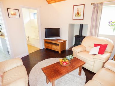 A living room with beige sofas a wooden coffee table with fruit a flat screen tv and a wood stove at The Packing House in Hanley Castle near Malvern
