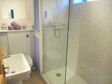 A bathroom with a sink toilet shower glass door and towels on shelf at The Packing House in Hanley Castle near Malvern