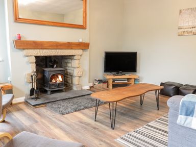 A living room with a stone fireplace a wood burning stove a wooden coffee table a TV on a wooden stand and a striped rug at Victoria Cottage in Norham