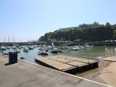 A harbor with many boats docked near a floating platform and a trash bin on the walkway at White Thorns in Haverfordwest