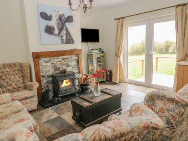 A living room with floral upholstered chairs a stone fireplace a wood stove a wooden chest and glass doors with curtains at Shandrum Brook in Charleville
