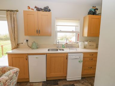 A kitchen with wooden cabinets a small refrigerator a dishwasher a sink and a window at Shandrum Brook in Charleville