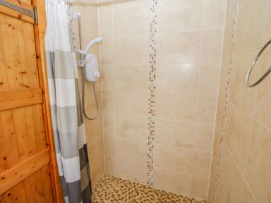 A tiled shower area with a striped shower curtain and a wooden door at Shandrum Brook in Charleville