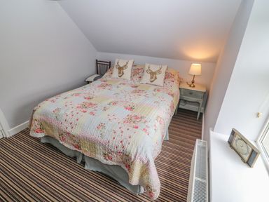 A bedroom with a double bed covered with floral quilt and deer pillows a chair and nightstand with lamp striped carpet at Shandrum Brook in Charleville