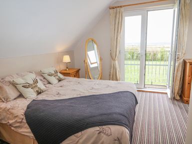 A bedroom with a bed with deer pillows a bedside table with a lamp a full length mirror striped carpet and a glass door opening to a balcony at Shandrum Brook in Charleville