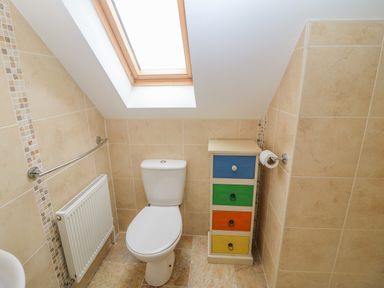 A bathroom with a white toilet radiator and multicolored drawer unit under a skylight window at Shandrum Brook in Charleville