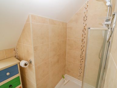 A bathroom corner with a shower enclosure a squeegee on the shower floor a toilet paper holder on tiled wall and a colorful drawer unit at Shandrum Brook in Charleville