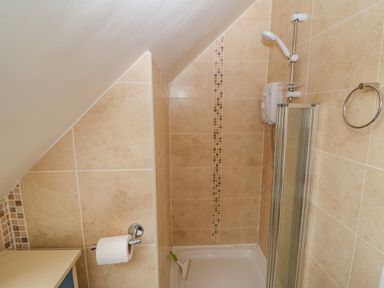 A small bathroom with a shower, tiled walls, a showerhead, toilet paper holder, and a cleaning brush at Shandrum Brook in Charleville