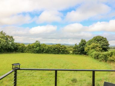 A green field with trees in the background seen from a balcony with metal railing at Shandrum Brook in Charleville