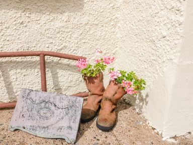 A pair of boots used as planters with pink flowers next to a rusted metal rail and a decorative metal plate on a rough textured wall at Shandrum Brook in Charleville