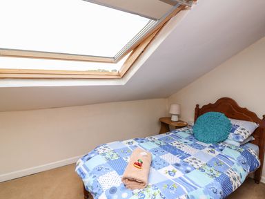 A bedroom with a single wooden bed with blue patchwork bedding and a round teal pillow under a skylight window at Taliharris Cottage in Llandysul