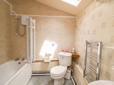 A bathroom with a bathtub shower combination toilet and heated towel rail at Taliharris Cottage in Llandysul
