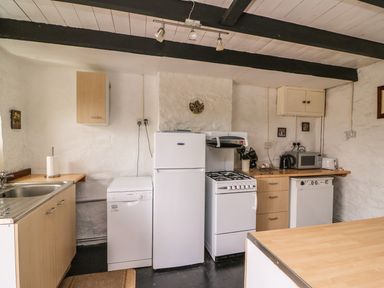 A kitchen with a sink dishwasher refrigerator stove microwave and wooden cabinets at Taliharris Cottage in Llandysul