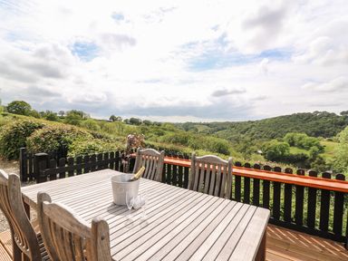 A wooden outdoor table with chairs and a wine bottle in an ice bucket on a deck overlooking a green valley at Taliharris Cottage in Llandysul
