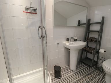 A bathroom with a shower, sink and toilet at Little Orme View in Llandudno