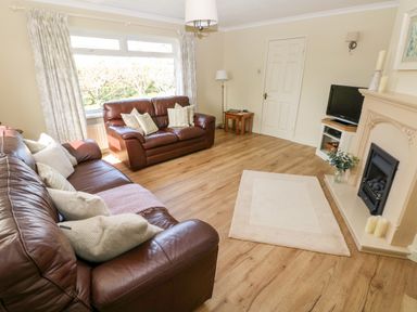 A living room with two brown leather sofas a fireplace a television on a stand and wooden flooring at The Elms in Milford Haven