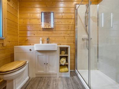 A bathroom with a shower, sink, and wood paneling at Elm Lodge in Ulverston