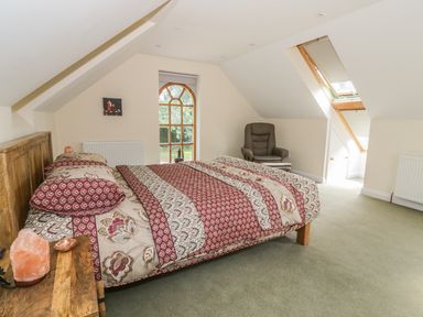 A bedroom with a wooden bed and patterned bedding a wooden bedside table with a lamp an armchair near a window and skylights at Squirrels Drey in Little Dunham near Litcham
