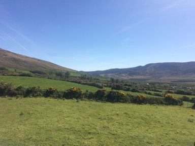A green field with hills and bushes under a clear blue sky at The Slate House in Cahersiveen County Kerry
