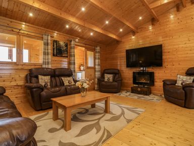 A wooden living room with leather sofas a wooden coffee table a rug a wall mounted TV and an electric fireplace at Chywolow Lodge in Penzance
