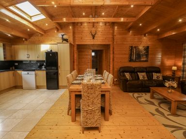 A wooden room with kitchen appliances a dining table with chairs and a seating area at Chywolow Lodge in Penzance
