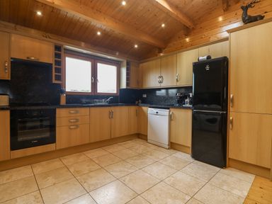 A kitchen with wooden cabinets black refrigerator and oven a dishwasher under the counter and a window above the sink at Chywolow Lodge in Penzance