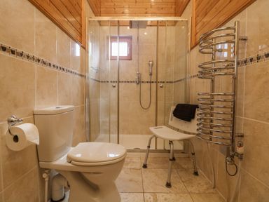 A bathroom with a toilet a glass shower enclosure a white shower chair and a chrome heated towel rail at Chywolow Lodge in Penzance