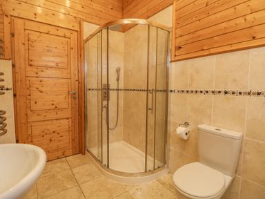 A bathroom with a wooden door glass shower enclosure white toilet and tiled walls at Chywolow Lodge in Penzance