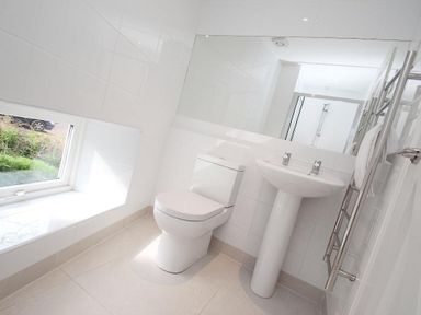 A bathroom with a toilet sink large mirror and heated towel rail at Cot Valley Cottage in St Just