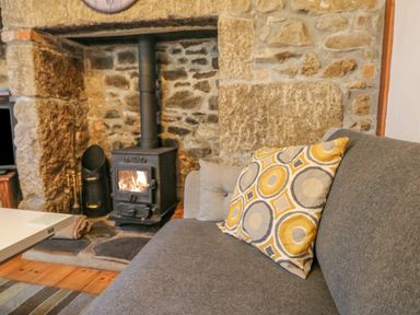 A living room with a wood burning stove set in a stone fireplace and a gray sofa with a patterned cushion at Pippin in Lelant