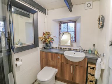 A bathroom with a toilet sink wooden cabinets a mirror window with blinds and a plant at Pippin in Lelant