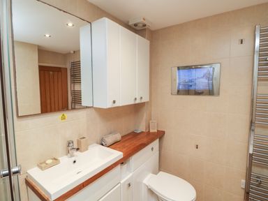 A bathroom with a sink and mirror above it a wooden countertop a toilet and a wall-mounted cabinet at Ocean Blue in Porthtowan