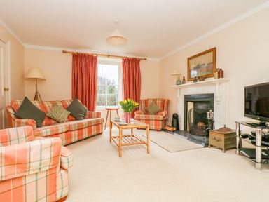 A living room with plaid sofas a wooden coffee table yellow flowers and a fireplace at Goshen Farm in St Agnes